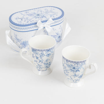 White Blue Chinoiserie Bridal Shower Gift Set, 2 Pack Porcelain Tea Cups With Matching Keepsake Gift Box and Satin Ribbon Handle