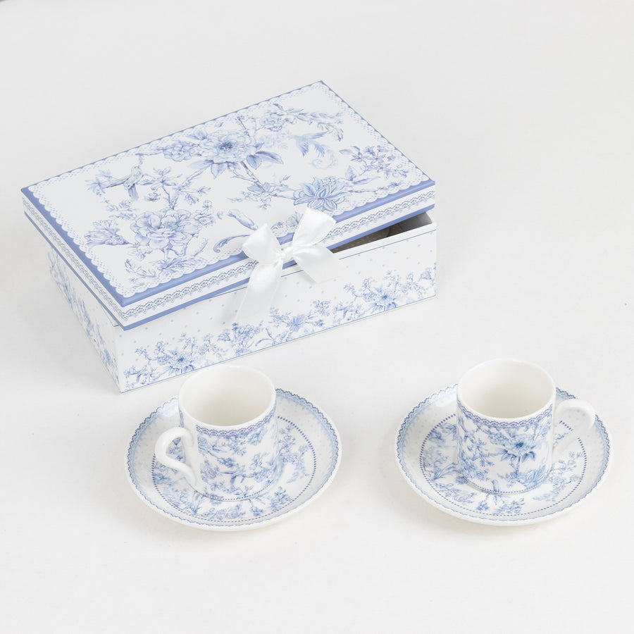 White Blue Chinoiserie Bridal Shower Gift Set, Set of 2 Porcelain Espresso Cups and Saucers