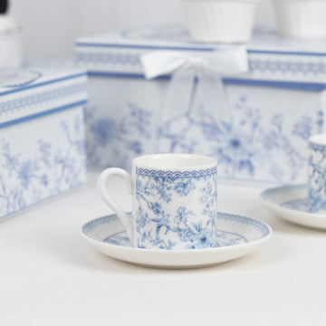 White Blue Chinoiserie Bridal Shower Gift Set, Set of 2 Porcelain Espresso Cups and Saucers with Matching Keepsake Box