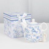 White Blue Chinoiserie Bridal Shower Gift Set, Porcelain Teapot and Cup Set with Matching Gift Box