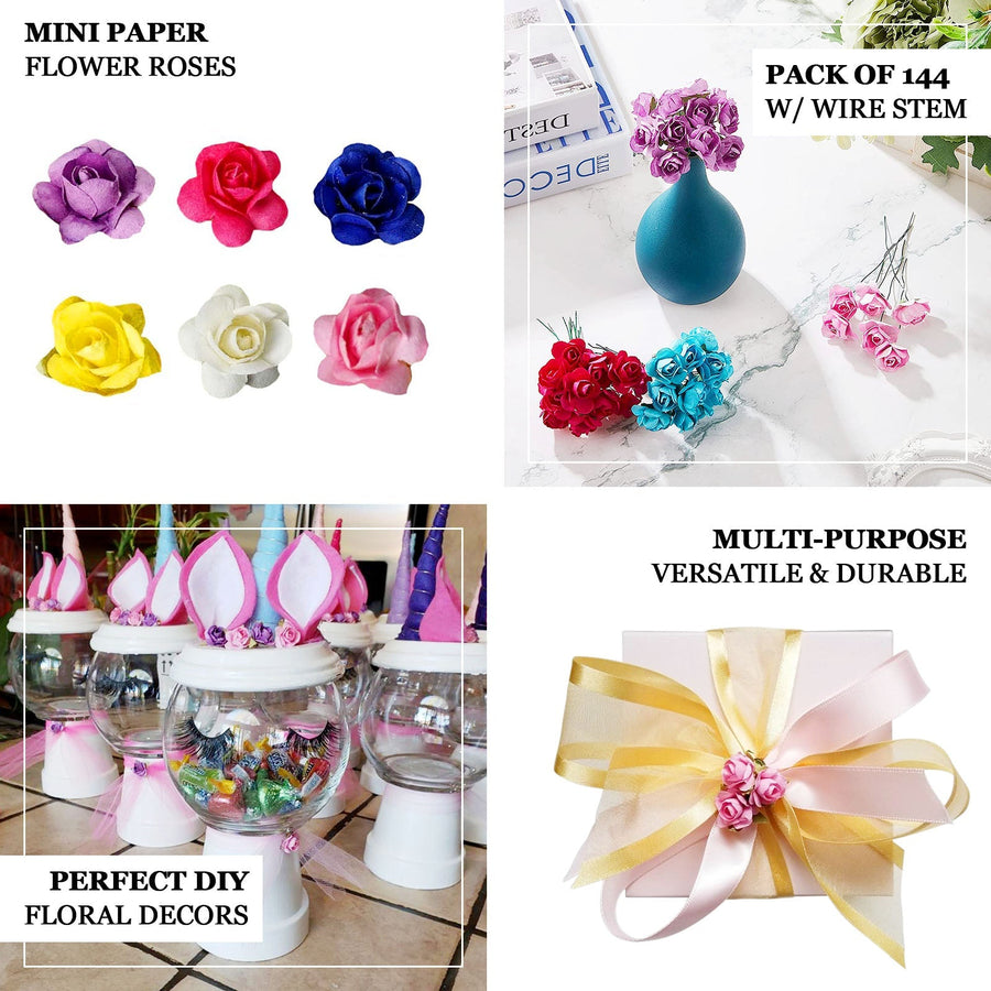 144 Pack | Purple Paper Mini Craft Roses, DIY Craft Flowers With Wired Stem