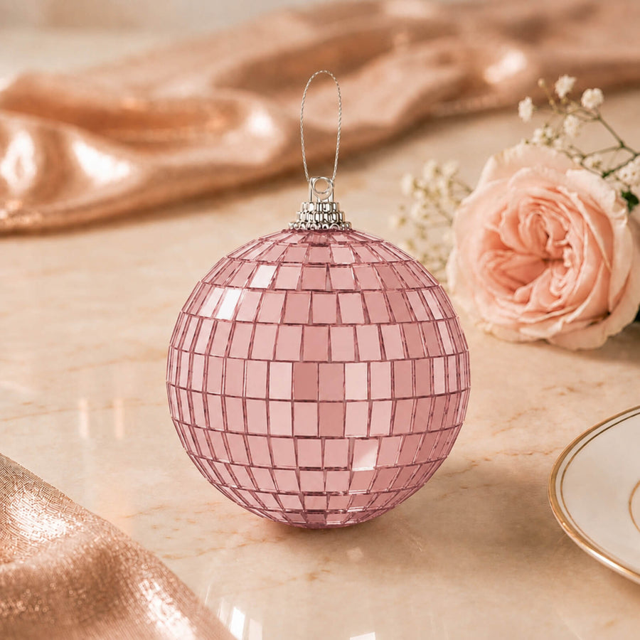 Pink disco ball ornament with rose and soft blush wedding decor