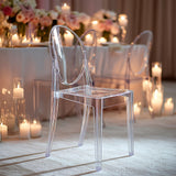 8 Pack Stackable Clear Acrylic Ghost Banquet Chairs with Oval Back, Fully Assembled Armless