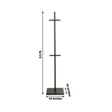 Black coat rack stand, 5.5 ft tall, 14 inches wide.