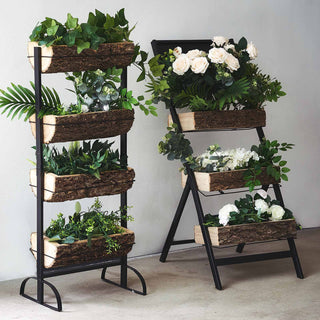 42" 4-Tier Metal Ladder Plant Stand With Natural Wooden Log Planters - Vintage Home Décor