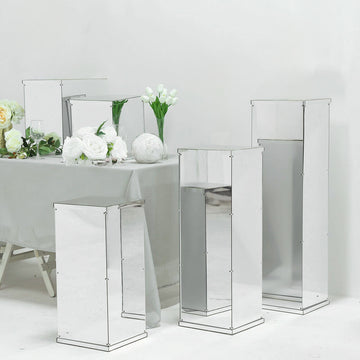 40" Floor Standing Silver Mirror Finish Acrylic Display Box, Pedestal Riser with Interchangeable Lid and Base