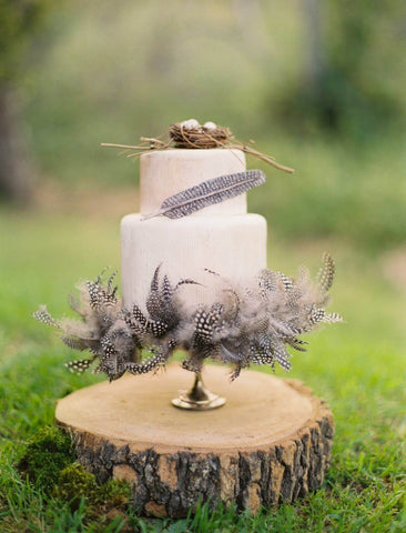White cake with feather trim on a tree slice stand