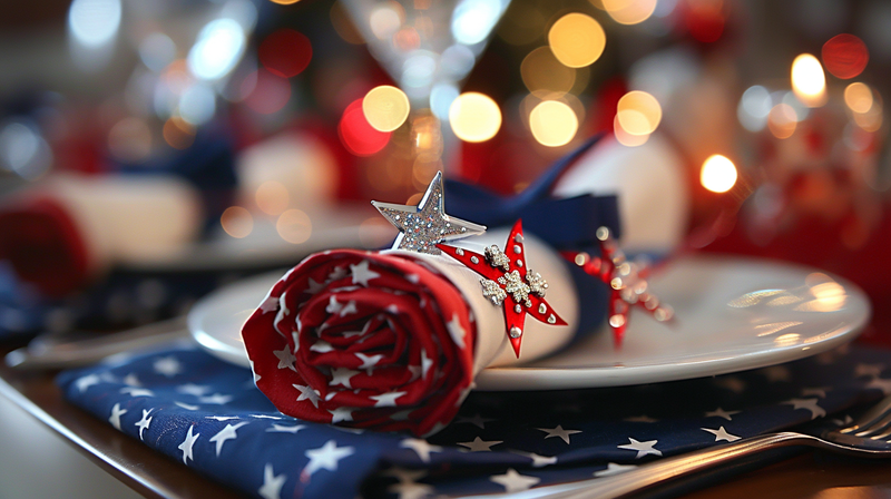 Festive 4th of July dinner table with star-spangled napkin rings.