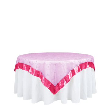 72"x72" Fuchsia Embroidered Sheer Organza Square Table Overlay With Satin Edge