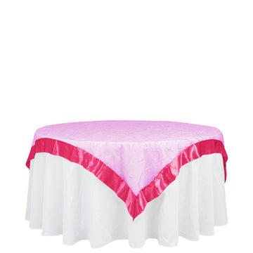60"x60" Fuchsia Embroidered Sheer Organza Square Table Overlay With Satin Edge