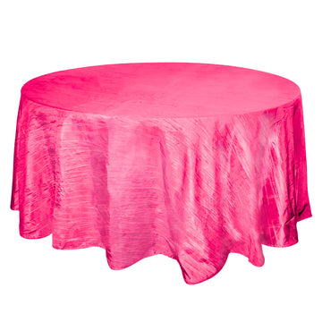 120" Fuchsia Seamless Accordion Crinkle Taffeta Round Tablecloth for 5 Foot Table With Floor-Length Drop