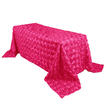 90"x132" Fuchsia Seamless Grandiose 3D Rosette Satin Rectangle Tablecloth for 6 Foot Table With Floor-Length Drop