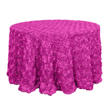 120" Fuchsia Seamless Grandiose 3D Rosette Satin Round Tablecloth for 5 Foot Table With Floor-Length Drop