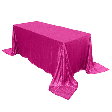 90"x132" Fuchsia Seamless Premium Sequin Rectangle Tablecloth for 6 Foot Table With Floor-Length Drop