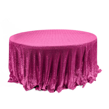 120" Fuchsia Seamless Premium Sequin Round Tablecloth for 5 Foot Table With Floor-Length Drop