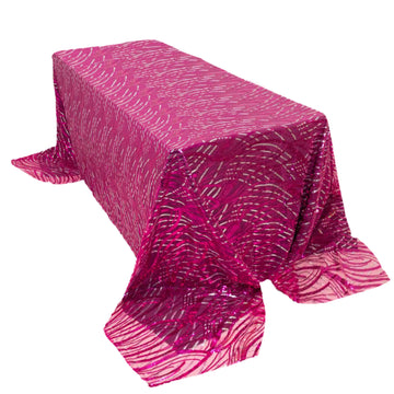 90"x156" Fuchsia Silver Wave Mesh Rectangular Tablecloth With Embroidered Sequins for 8 Foot Table With Floor-Length Drop