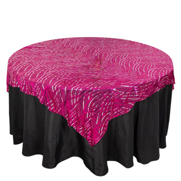 72"x72" Fuchsia Silver Wave Mesh Square Table Overlay With Embroidered Sequins