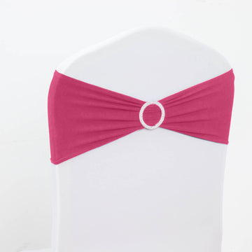 5 Pack | 5"x14" Fuchsia Spandex Stretch Chair Sashes with Silver Diamond Ring Slide Buckle
