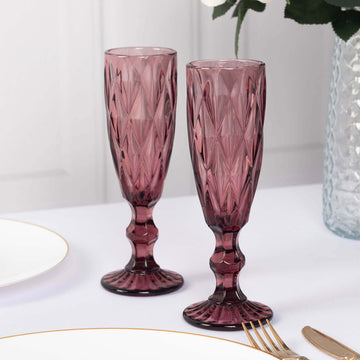 6 Pack Dusty Rose Crystal Cut Wine Goblet Toast Glasses, 6oz Transparent Textured Champagne Flute Glasses - 8"