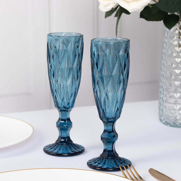 6 Pack Ocean Blue Crystal Cut Wine Goblet Toast Glasses, 6oz Transparent Textured Champagne Flute Glasses - 8"