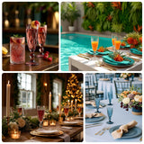 Elegant table settings with cocktails and vibrant decor for a festive gathering.