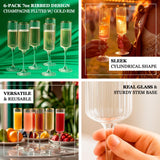 6-Pack Clear Modern Champagne Flutes – 7oz Real Glass, Ribbed Cylindrical Design with Gold Rim, Elegant Toasting Glasses for Weddings & Celebrations – 9.5" Tall
