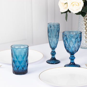 6-Pack Whiskey Glasses Ocean Blue Textured Crystal Cut Design with Heavy Base - Highball Tumblers for Parties & Events 12oz 5"