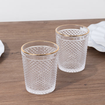 6 Pack Clear Gold Rimmed Tumbler Drinking Glasses in Embossed Diamond Pattern, 11oz Vintage Glassware Hobnail Whiskey Shot Glasses Water Cups - 4"