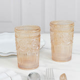6 Pack Embossed Glass Tumblers – 13oz Amber Gold Vintage Textured Floral Drinking Cups for Water & Cocktails