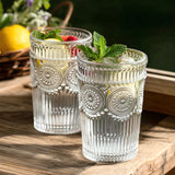 6 Pack Embossed Glass Tumblers – 13oz Clear Vintage Textured Floral Drinking Cups for Water & Cocktails