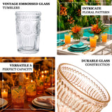 6 Pack Embossed Glass Tumblers – 13oz Amber Gold Vintage Textured Floral Drinking Cups for Water & Cocktails