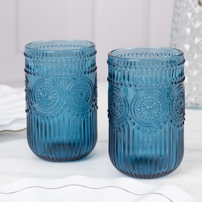 Vintage Embossed Drinking Glasses, Highball Cocktail Glass Tumblers Ocean Blue