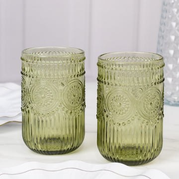 Vintage Embossed Drinking Glasses, Highball Cocktail Glass Tumblers with Textured Floral Pattern - Dusty Sage Green, 14oz, 6-Pack