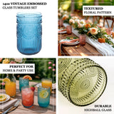 140oz vintage embossed glass tumbler set with textured floral pattern