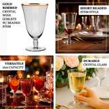 Gold-rimmed crystal wine goblet with beaded stem, versatile 16oz capacity.