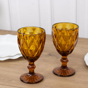 6-Pack Wine Glasses Amber Gold Embossed Crystal Cut Design Stemmed - Transparent Colored Goblets for Parties & Events 12oz 7"