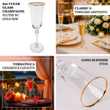 Clear glass champagne flutes with gold rim, elegant design for celebrations.