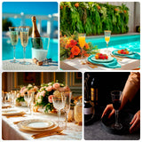 Elegant cocktail glasses with champagne and fruit, set against a vibrant outdoor scene.