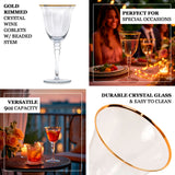 Gold rimmed crystal wine goblets with beaded stem for special occasions.