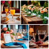 Elegant table settings with drinks and floral arrangements for a sophisticated dining experience.
