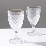 6 Pack Crystal Diamond Embossed Wine Goblet Glasses with Gold Rim, 8oz Vintage Clear Cocktail Glass