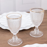 6 Pack Crystal Diamond Embossed Wine Goblet Glasses with Gold Rim, 8oz Vintage Clear Cocktail Glass