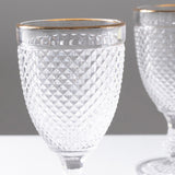 6 Pack Crystal Diamond Embossed Wine Goblet Glasses with Gold Rim, 8oz Vintage Clear Cocktail Glass