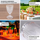 6 Pack Crystal Diamond Embossed Wine Goblet Glasses with Gold Rim, 8oz Vintage Clear Cocktail Glass