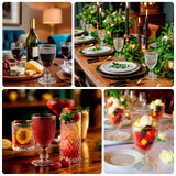 6 Pack Crystal Diamond Embossed Wine Goblet Glasses with Gold Rim, 8oz Vintage Clear Cocktail Glass