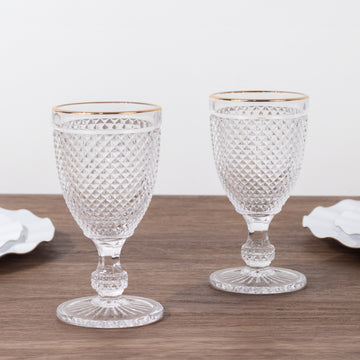 6 Pack Crystal Diamond Embossed Wine Goblet Glasses with Gold Rim, 8oz Vintage Clear Cocktail Glasses Short Stem Water Goblets - 6"