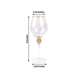 Set of 6 Gold Rimmed Crystal Wine Goblet Glasses with Rhinestones Studded Stem, 16oz Handblown Glass