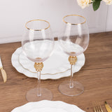 Set of 6 Gold Rimmed Crystal Wine Goblet Glasses with Rhinestones Studded Stem, 16oz Handblown Glass