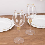 Set of 6 Gold Rimmed Crystal Wine Goblet Glasses with Rhinestones Studded Stem, 16oz Handblown Glass