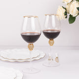 Set of 6 Gold Rimmed Crystal Wine Goblet Glasses with Rhinestones Studded Stem, 16oz Handblown Glass